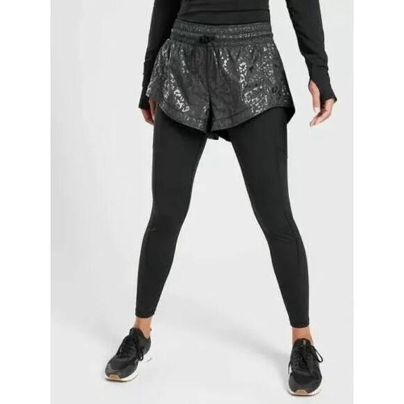 NWT Athleta Rainier 2 in 1 High Waist Tight Black Cheetah Print Small Tall - Picture 2 of 16